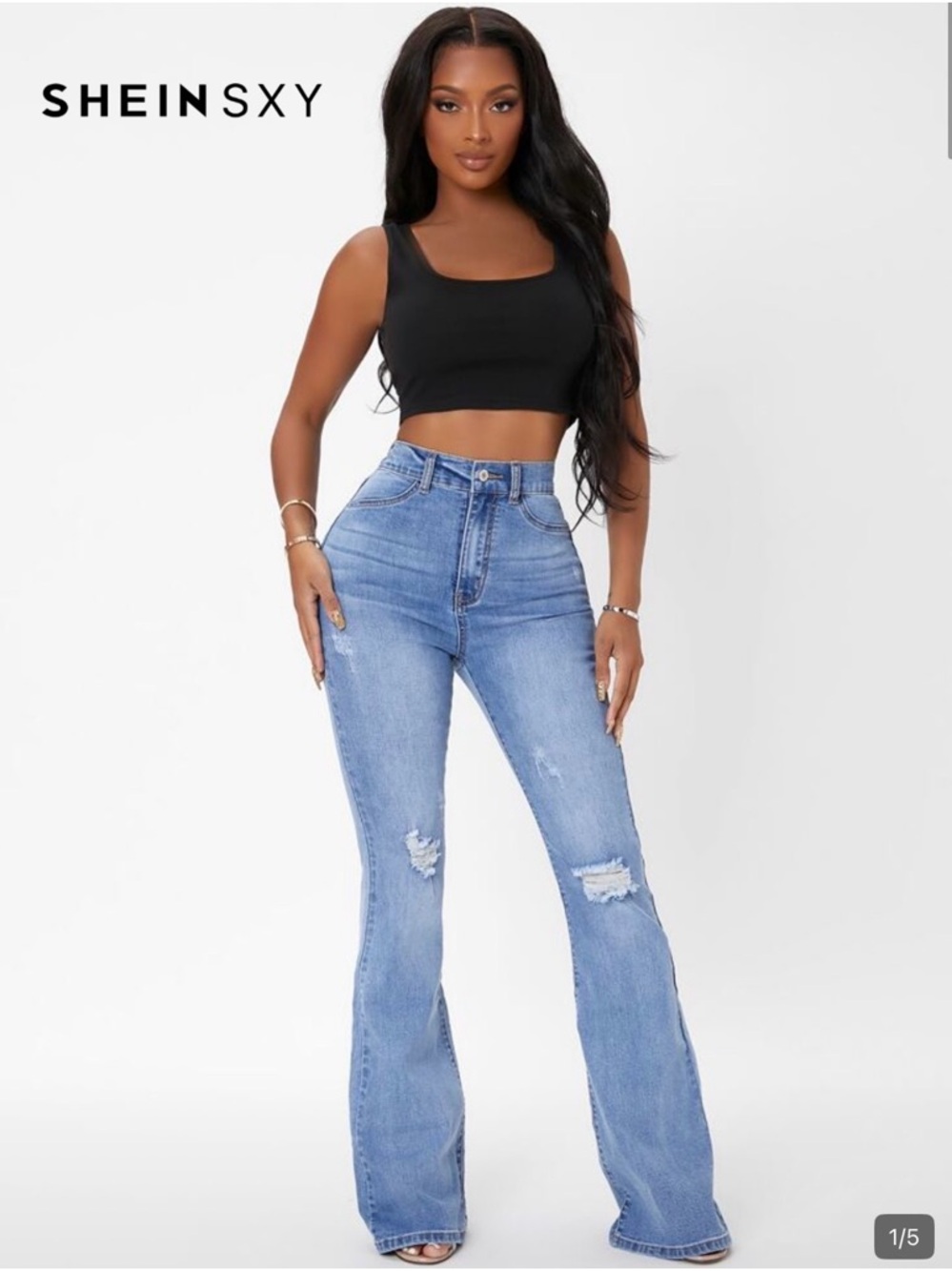 SHEIN Light Blue Distressed High-Rise Flare Jeans
